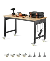 Mecale 48" Adjustable Workbench, 2000 lb Load, Oak Wood Top Work Table with Power Outlet, Pegboard & Wheels, Heavy-Duty Work Bench