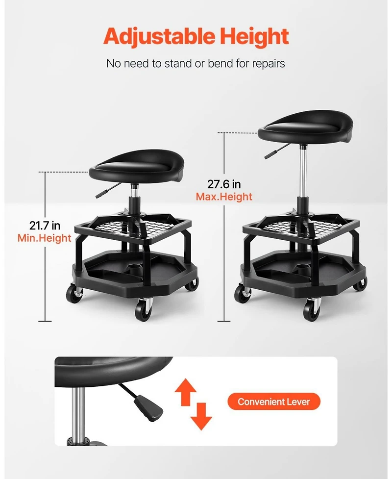 Mecale Pneumatic Rolling Shop Stool, Adjustable Height Garage Work Stool, 300 lb Capacity, 360° Swivel Padded Seat with Casters