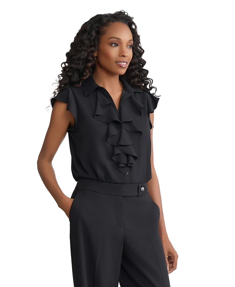 Jones New York Women's Ruffle Detail Collared Top