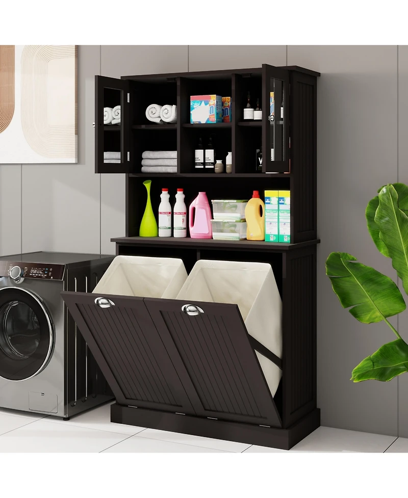 sumyeg Two-Compartment Tilt-Out Laundry Basket Cabinet with 2 Adjustable Shelves, Tall Bathroom Storage