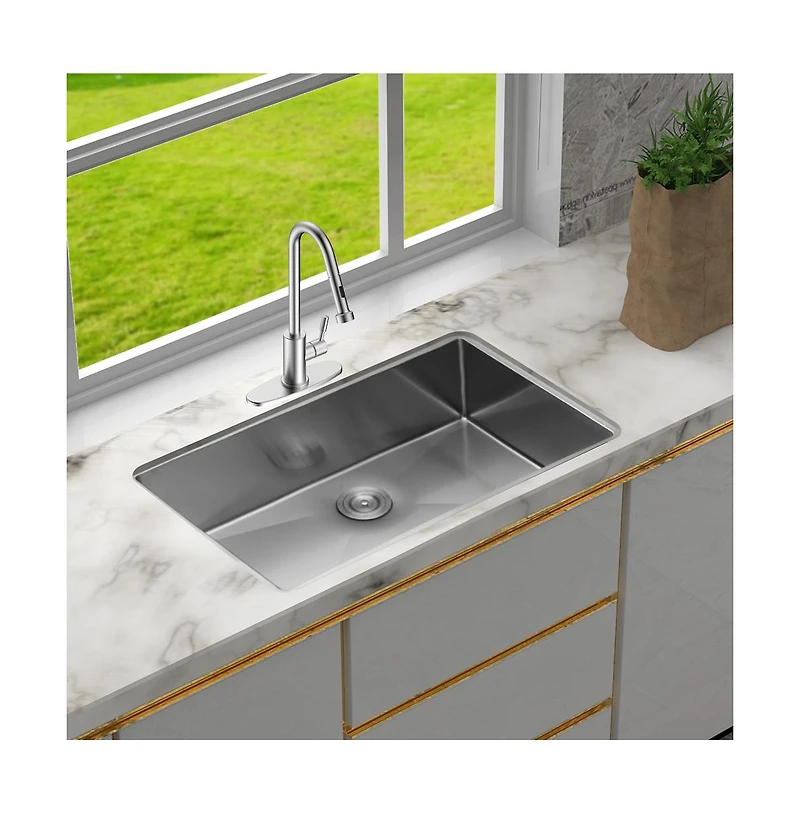 flynama 33x19x9inch 16 Gauge 304 Stainless Steel Undermount Single Bowl Kitchen Sink with Drain Assembly No Additional Accessories