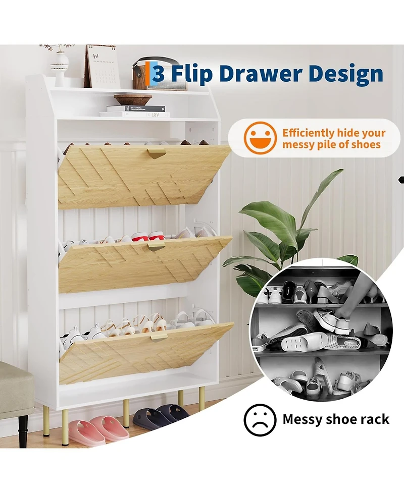 gaomon Narrow Shoe Cabinet with 3 Drawers, Slim Freestanding Shoe Storage Organizer with Wood Grain