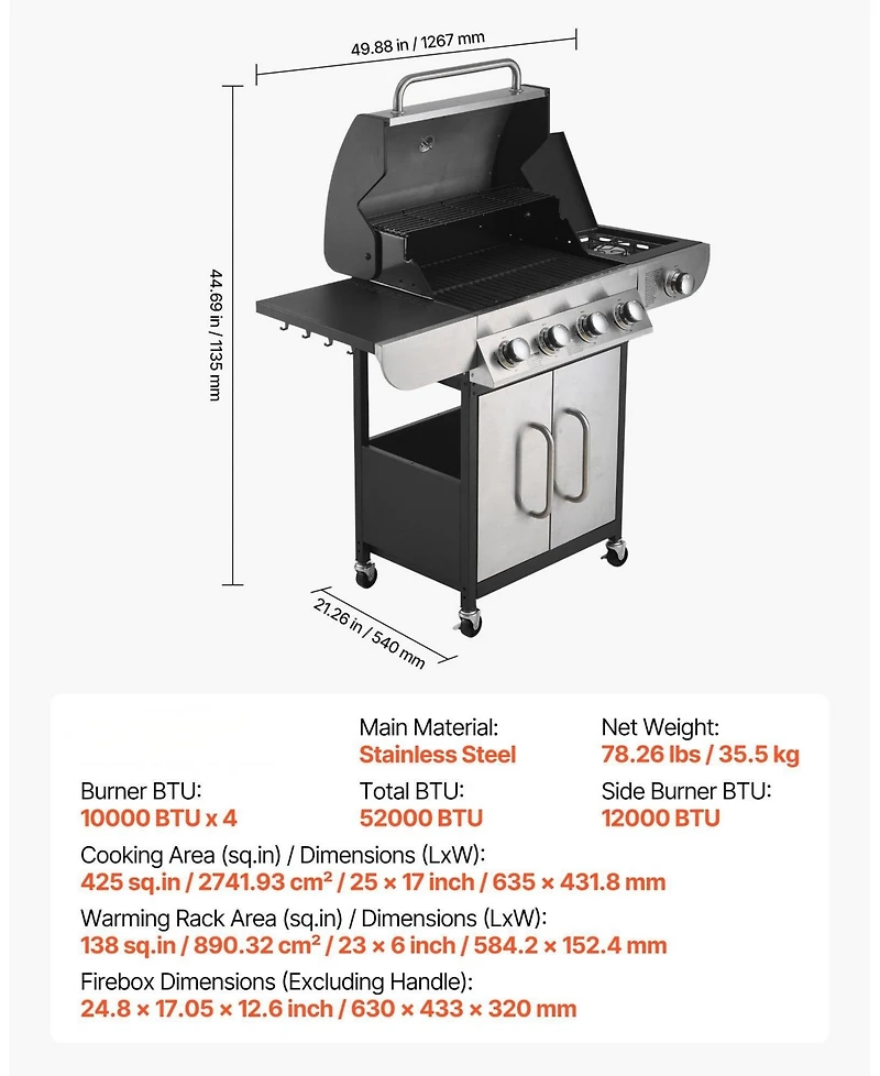 Ecooso 4-Burner Propane Gas Grill with Side Burner
