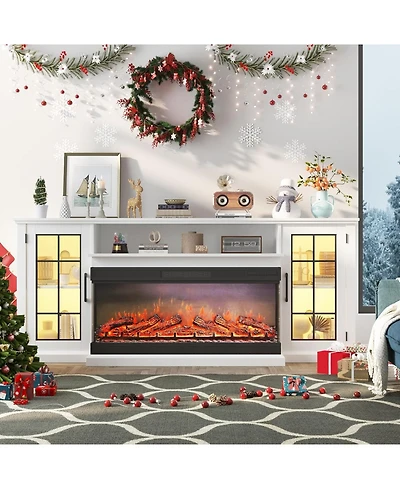 Gaomon 75" 3-Sided Glass Fireplace Tv Stand for TVs Up to 85", 40" Electric Fireplace, Rustic Distressed Media Console with Glass Doors