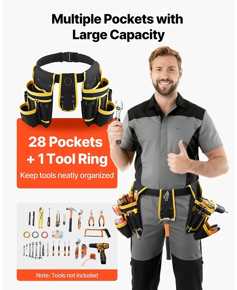 Magnetic Tool Belt Pouch, 28 Pockets Heavy-Duty Utility Tool Belt, Detachable Work Bag, Adjustable Waist 31–48 in
