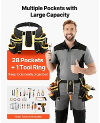 Magnetic Tool Belt Pouch, 28 Pockets Heavy-Duty Utility Tool Belt, Detachable Work Bag, Adjustable Waist 31–48 in