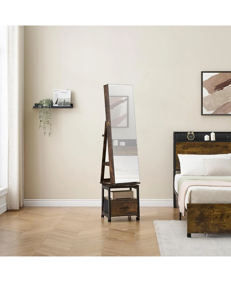 gaomon 360° Swivel Jewelry Armoire with Storage Shelf & Drawer – 66" H Full-Length Mirror Floor Standing Organizer Wheels