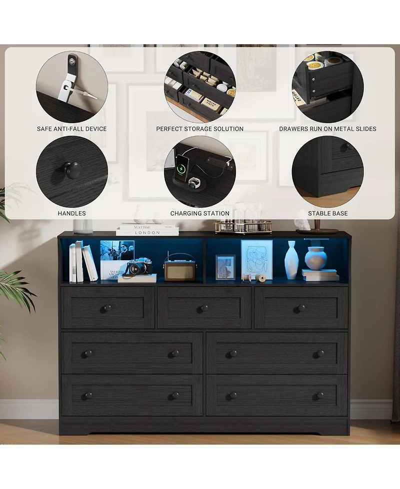 gaomon 7-Drawer Dresser with Led Lights & Charging Station, Wooden Chest 2 Open Compartments, Freestanding Storage Organizer for Bedroom, Nursery