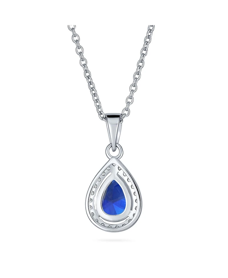 Bling Jewelry 5CT Solitaire Teardrop Halo Sapphire Blue Cz Pendant Necklace Silver Plated