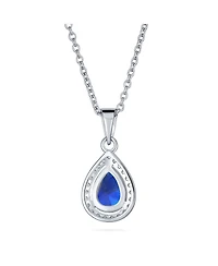 Bling Jewelry 5CT Solitaire Teardrop Halo Sapphire Blue Cz Pendant Necklace Silver Plated