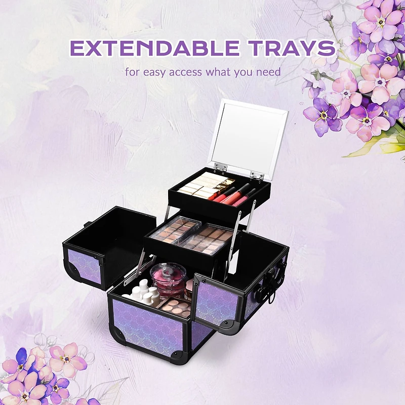 Byootique 4in1 Rolling Makeup Train Case w/ Cube Case Cosmetic Organizer Purple