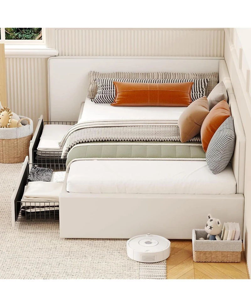 gaomon Twin Daybed with Storage Drawers, Velvet Upholstered Corner Bed Frame, Adjustable Headboard & Guardrails