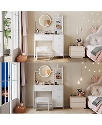 gaomon Vanity Desk with Mirror and Lights, Wood Dressing Table 4 Fabric Drawers, Makeup Hair Dryer Rack for Bedroom Room