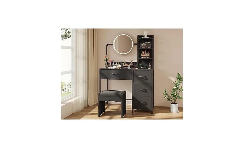 gaomon Vanity Desk with Mirror and Lights, Wood Dressing Table 4 Fabric Drawers, Makeup Hair Dryer Rack for Bedroom Room