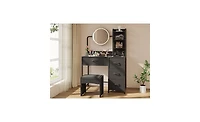 gaomon Vanity Desk with Mirror and Lights, Wood Dressing Table 4 Fabric Drawers, Makeup Hair Dryer Rack for Bedroom Room