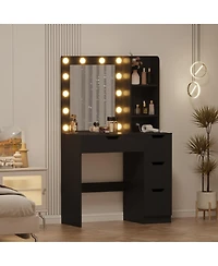 Modern Vanity Desk with Mirror, Power Outlet, 4 Drawer & Three Level Storage