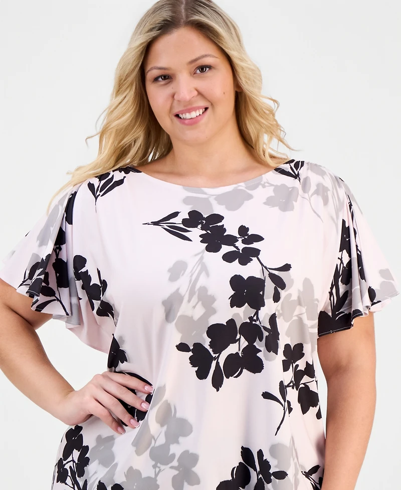 Anne Klein Plus Printed Flutter-Sleeve Top