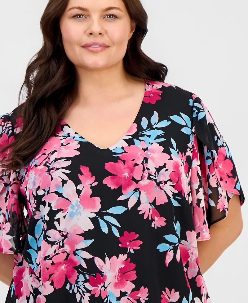 Kasper Plus Printed V-Neck Tulip-Sleeve Blouse