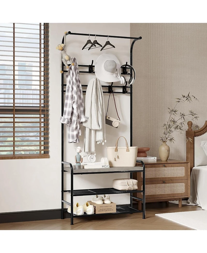 gaomon Entryway Hall Tree, 4-in-1 Freestanding Coat Rack with Shoe Storage Bench, 3-Tier Shelf, Hanging Rod, and 8 Adjustable Hooks for Entryway