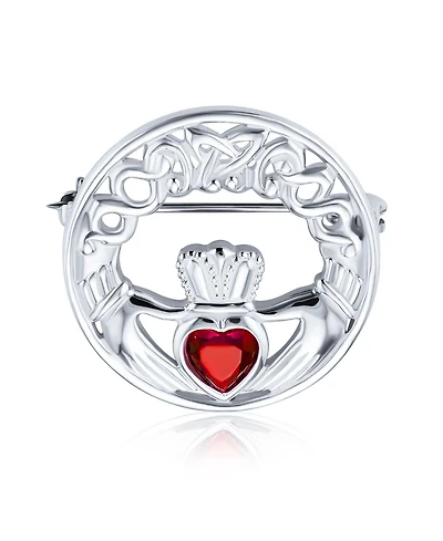 Bling Jewelry Celtic Round Circle Red Heart Shaped Claddagh Brooch Pin Cz .925 Sterling Silver