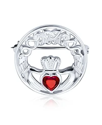 Bling Jewelry Celtic Round Circle Red Heart Shaped Claddagh Brooch Pin Cz .925 Sterling Silver