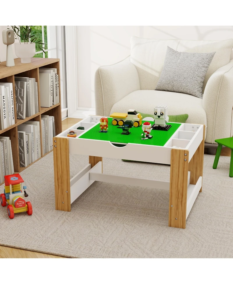 Flynama White Kids 2 in 1 Play Table with 7 Storage Compartments Lego Compatible Building Surface and Whiteboard Modern Activity Learning Furniture