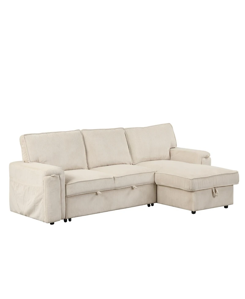 Simplie Fun Upholstery Sleeper Sectional Sofa With Storage Bags And 2 Cup Holders On Arms