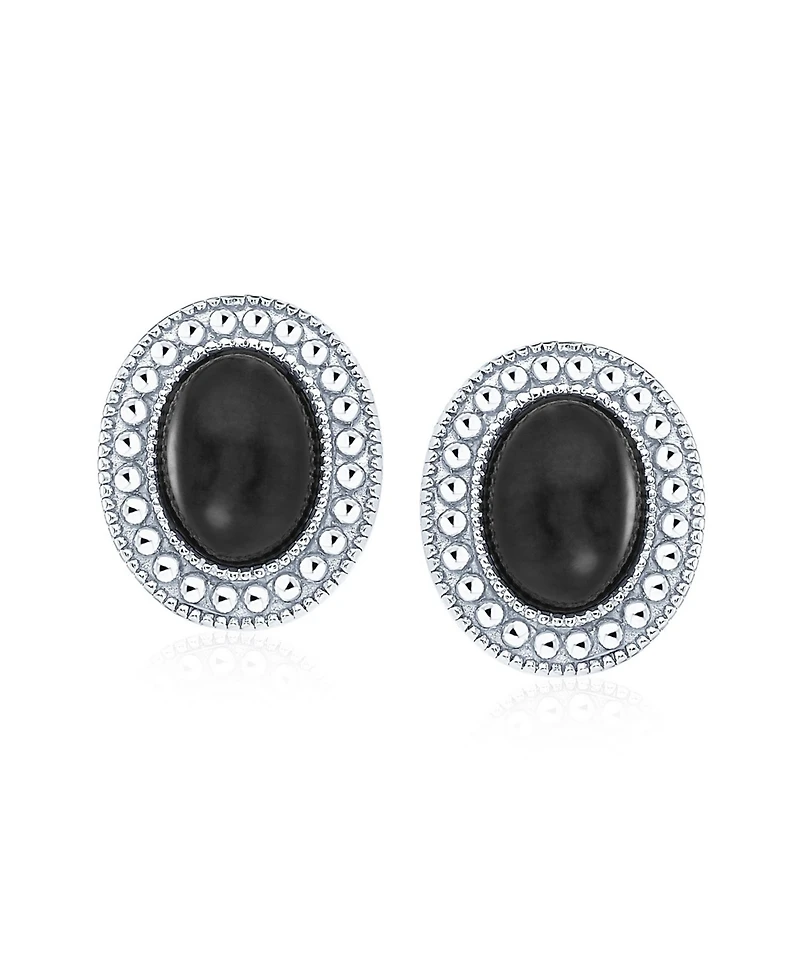 Bling Jewelry Classic Black Onyx Milgrain Bezel Halo Oval Stud Earrings .925 Sterling Silver