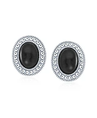 Bling Jewelry Classic Black Onyx Milgrain Bezel Halo Oval Stud Earrings .925 Sterling Silver
