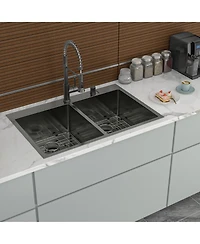 Flynama 33" x 22" Gunmetal Black Double Bowl Drop-In Kitchen Sink, 16-Gauge T304 Nano Stainless Steel, Two 10" Deep Basins