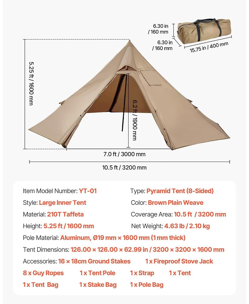 Mecale Hot Tent for 2 Persons, Waterproof Canvas Winter Tipi Tent with Stove Jack, Lightweight 4-Season Shelter, S Size