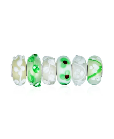 Bling Jewelry White Green 3D Floral Murano Glass Charm Bead Set Sterling Silver for Bracelet