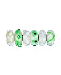 Bling Jewelry White Green 3D Floral Murano Glass Charm Bead Set Sterling Silver for Bracelet