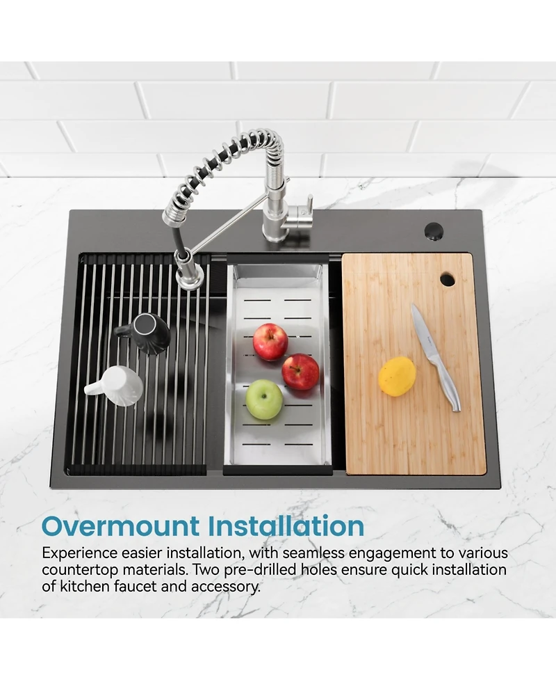 flynama 30x22inch Black Stainless Steel Kitchen Sink Single Bowl Overmount Handmade