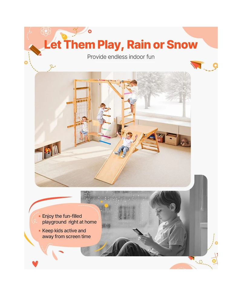 Slickblue Indoor Playground Jungle Gym, 8-in-1 Wooden Indoor Playground Playset