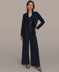 Donna Karan New York Womens Mixed Media Collared Neck Jacket Pleated Zip Fly Pants