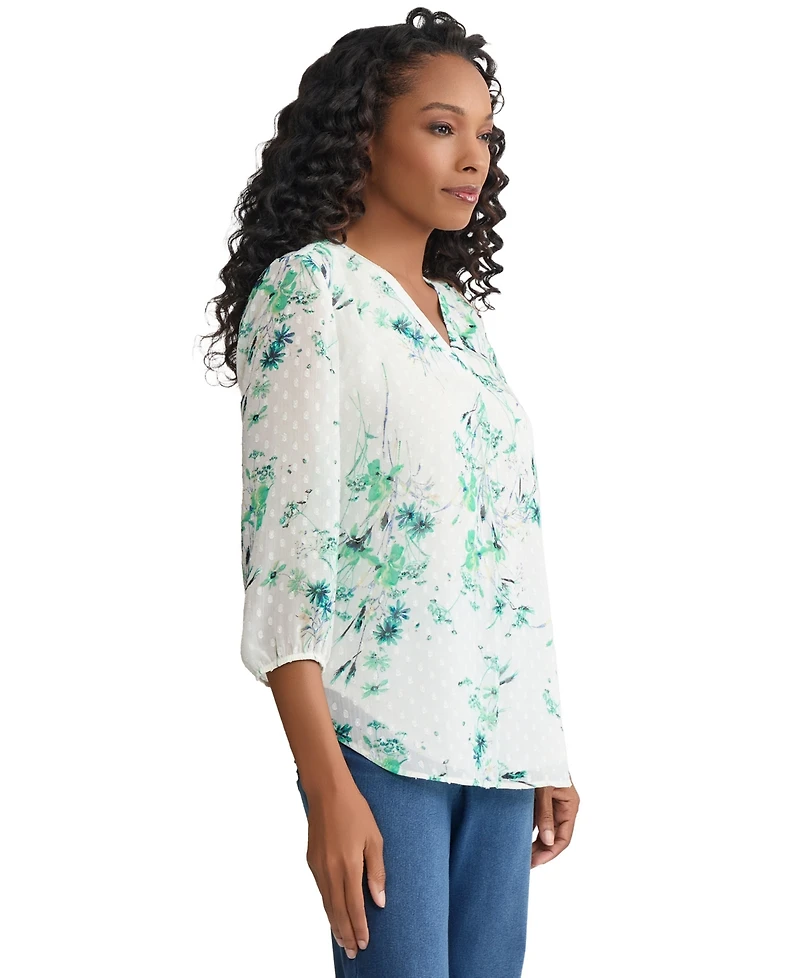 Jones New York Women's V-Neck Elastic Cuff Sleeve Tunic Top