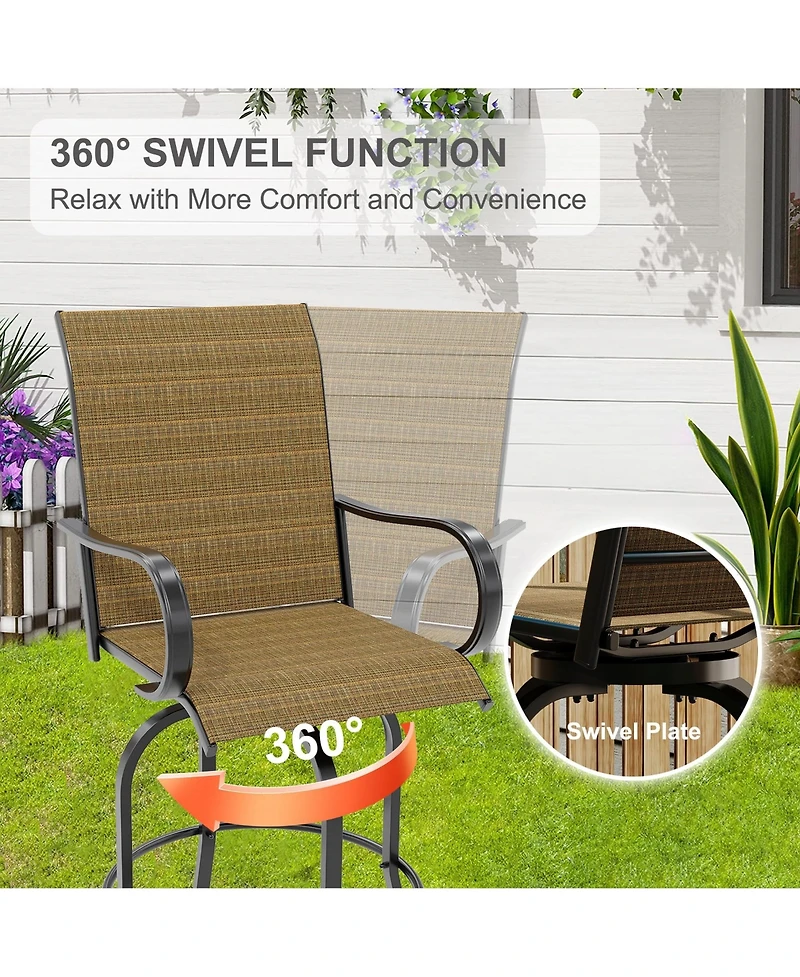 gaomon 3 Piece Patio Swivel Bar Sets, 3PCS Outdoor High Top Bar Set with 2 Outdoor Swivel Chairs and Glass Bar Table