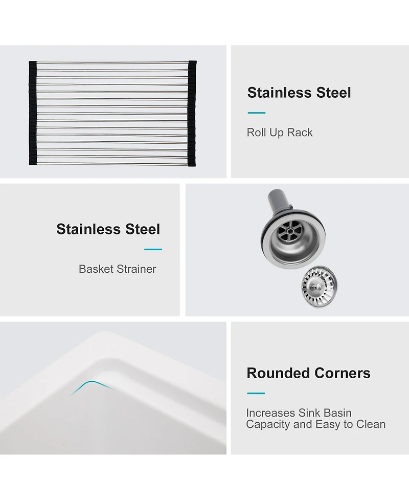 flynama 33x22x9.65inch White Quartz Composite Kitchen Sink Workstation Drop In Granite