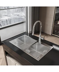 flynama 32inch Overmount Double Bowl Brushed Nickel 304 Stainless Steel Handmade Kitchen Sink Ls SSBR03 with Us Standard Drain and Hook