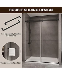 Lovmor 56 to 60in W x 76in H Frameless Shower Door Double Sliding Shower Door with Premium 6mm Thick Tempered Glass Stainless Steel Brushed Gold