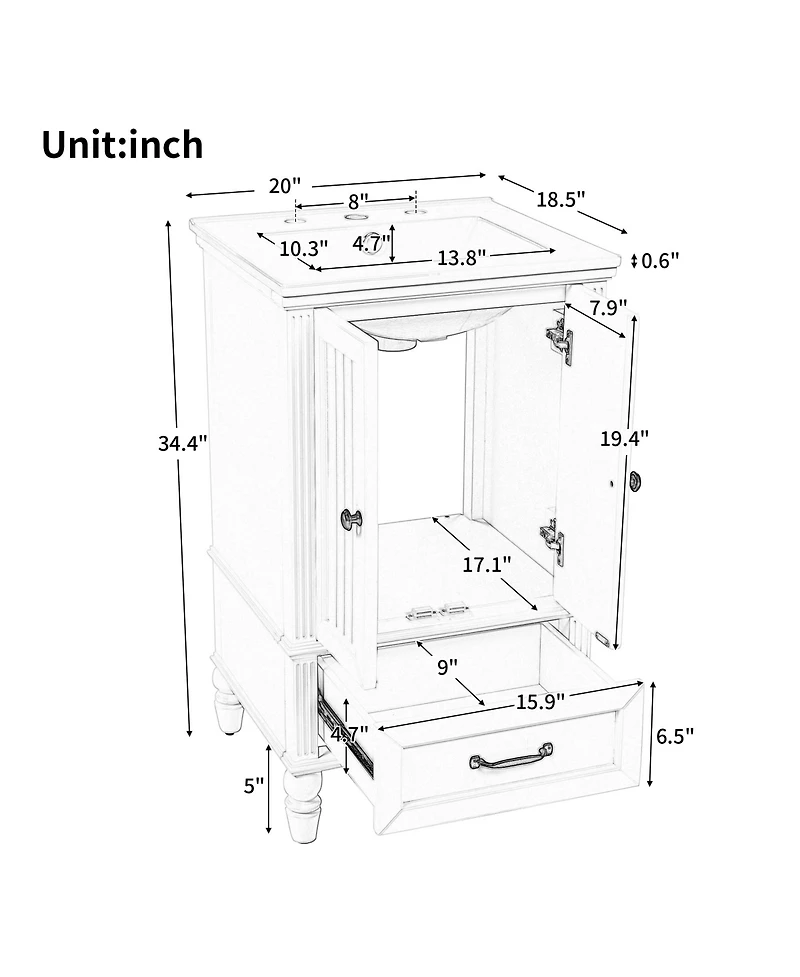 Cesicia 20 in. Bathroom Vanity Bathroom Cabinet with Sink, Two Doors, Magnetic Door Stopper and Adjustable Foot Pads