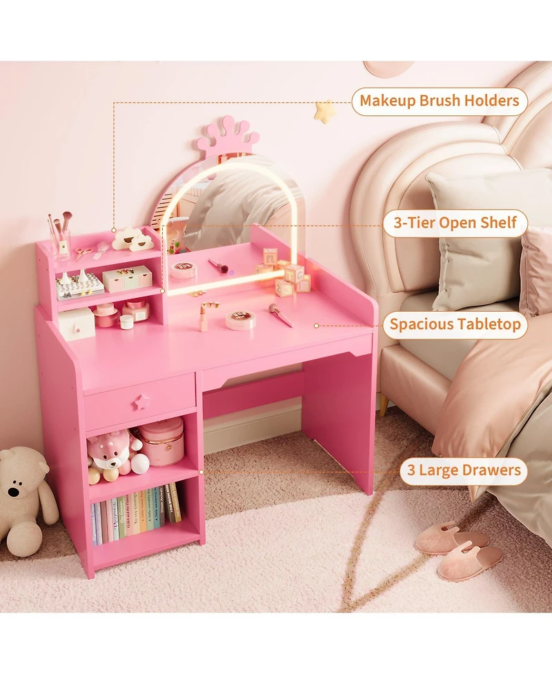gaomon Kids Vanity Table and Chair Set with Mirror and Lights,Makeup Vanity Desk with Drawer and ,Dressing Table for Little Girls Bedroom