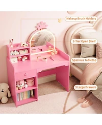 gaomon Kids Vanity Table and Chair Set with Mirror and Lights,Makeup Vanity Desk with Drawer and ,Dressing Table for Little Girls Bedroom