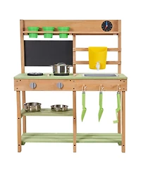 Mecale Kids Outdoor Mud Kitchen, Wooden Play Kitchen with Stove, Tank & Sink, Shovels, Spatulas, Box, Cookware Pots & Accessories