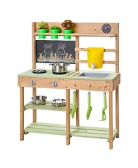 Mecale Kids Outdoor Mud Kitchen, Wooden Play Kitchen with Stove, Tank & Sink, Shovels, Spatulas, Box, Cookware Pots & Accessories