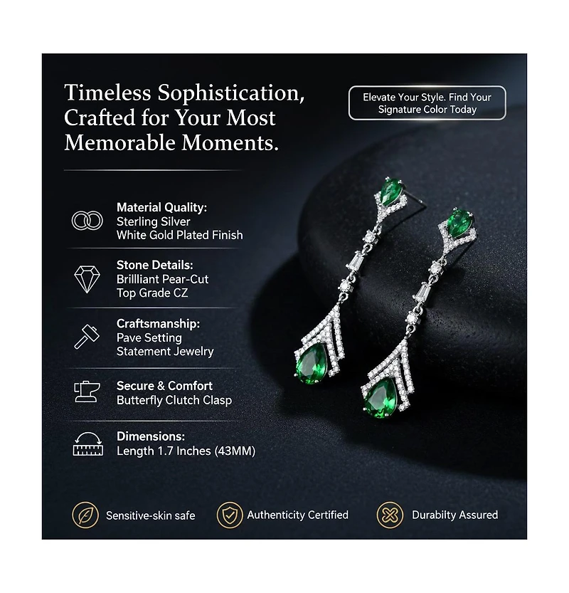 Sterling Silver With White Gold Plated Clear And Green Cubic Zirconia Double Haloed Drop Earrings