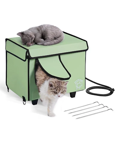 Mecale Elevated Heated Cat House with Timer, Adjustable Temperature, 900D Oxford Cloth Foldable Shelter with Heated Pad, Green, Small