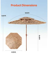 Mecale 9 ft Tiki Patio Umbrella with Tilt, 2-Tier Thatched Hawaiian Style Beach Parasol with Pp Thatch and 8 Metal Ribs