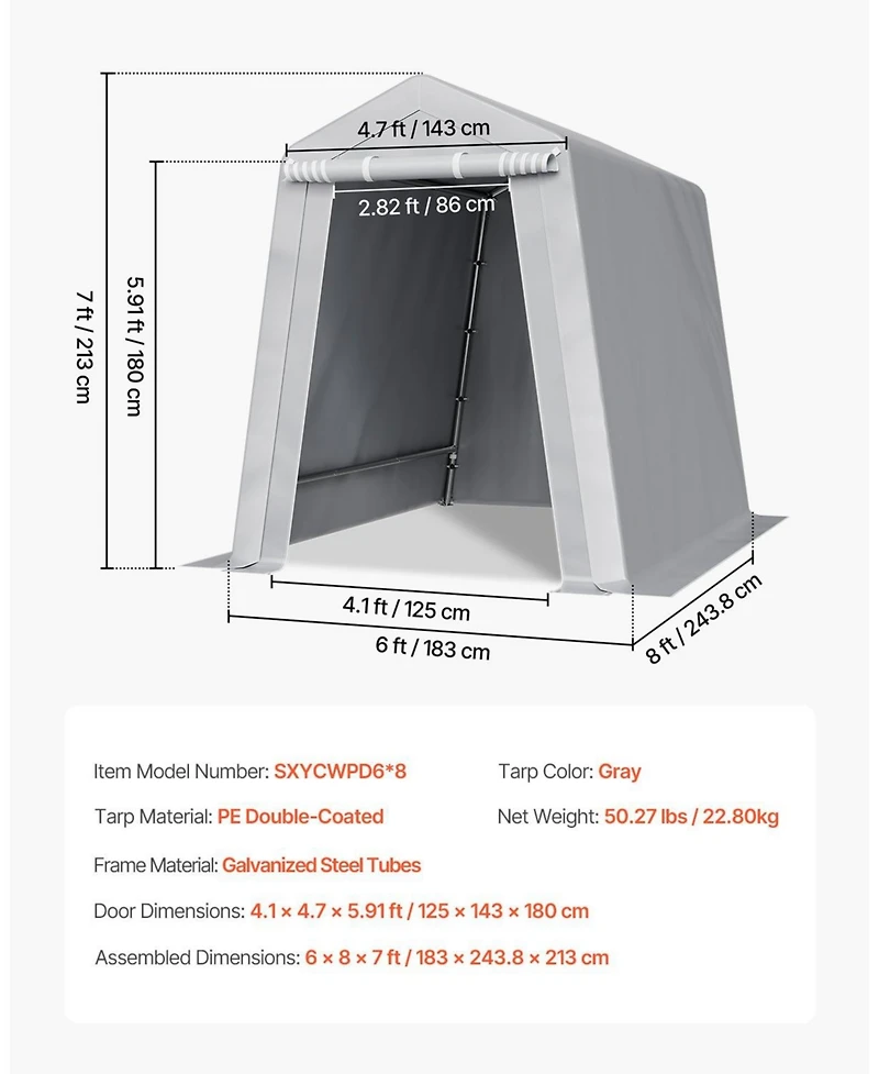 Mecale 6 x 8 ft Outdoor Storage Shed Tent, Waterproof Portable Storage Tent with Roll-Up Door and Vents, Heavy Duty Frame, Grey